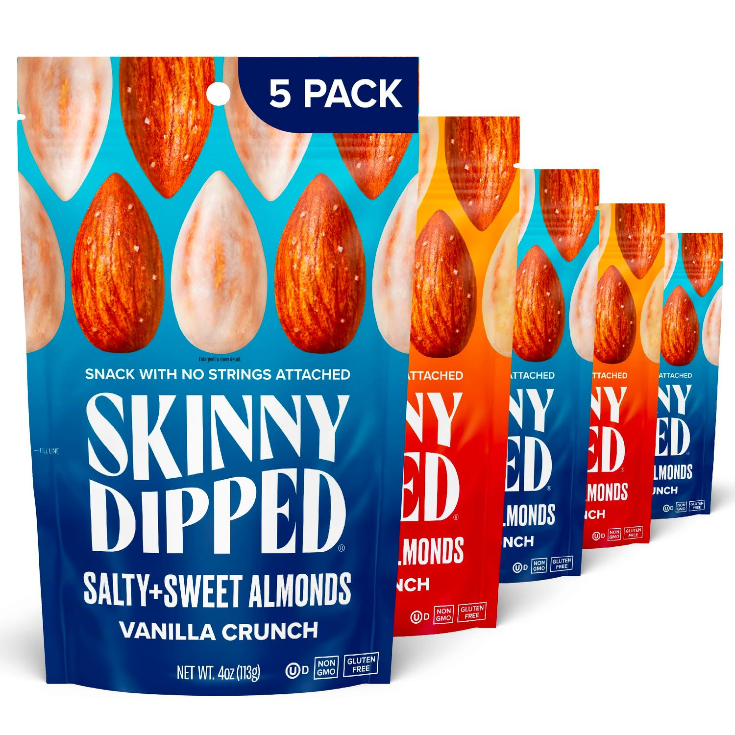 SkinnyDipped Salty  Sweet Vanilla Almond &amp; Maple Almond Crunch Variety Pack, Healthy Snack, Plant Protein, Gluten Free, 4 oz Resealable Bags, Pack of 5