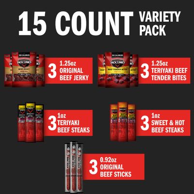 Jack Link's Beef Jerky Gift Basket Variety Pack - Includes Delicious Meat Sticks, Beef Steaks, and Tender Bites, Great Gift for Men, 15-Piece Assorted Jerky Gift Pack with Various Flavors