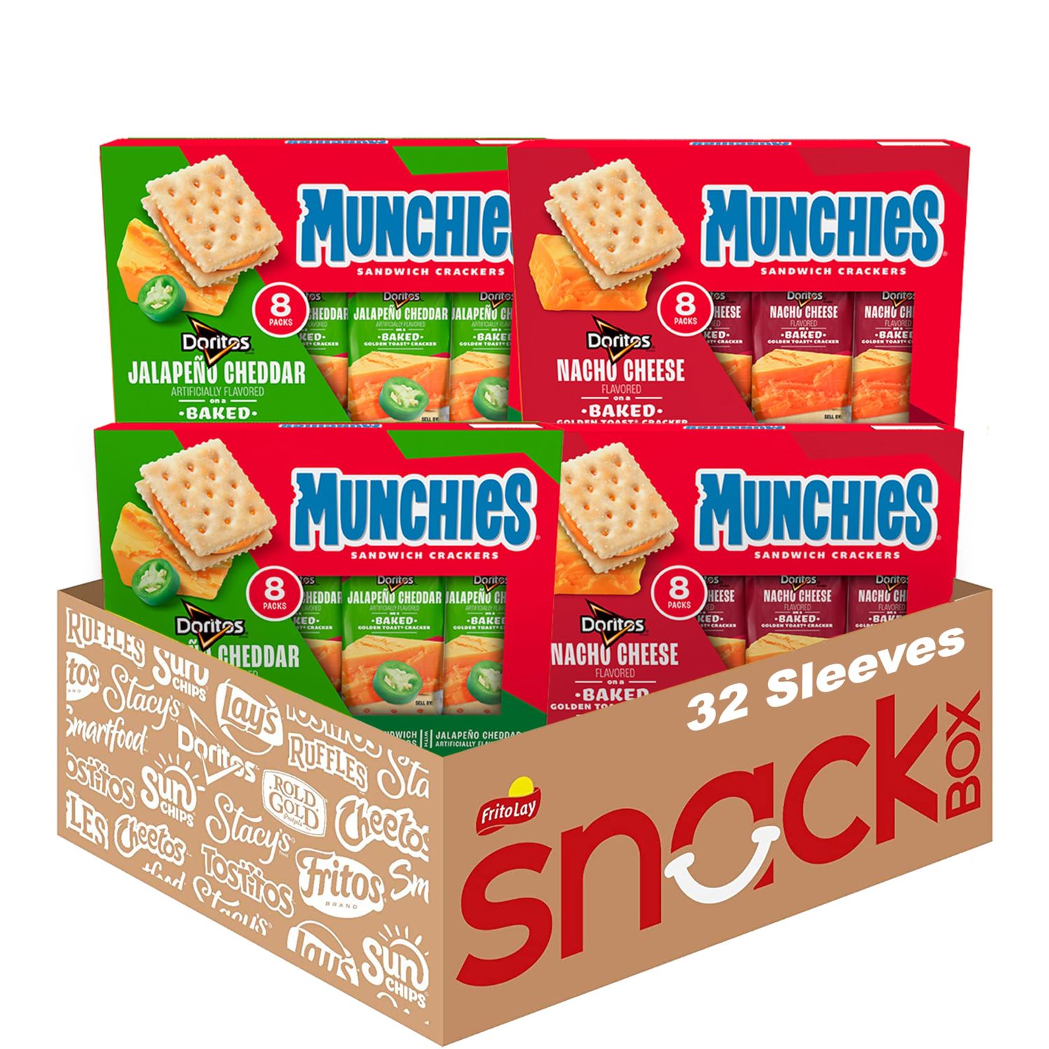 Munchies Baked Sandwich Crackers Variety Pack, Doritos Nacho Cheese and Doritos Jalapeno Cheddar, 1.38 Oz sleeves (Pack of 32)