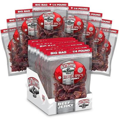 Old Trapper Beef Jerky, Hot &amp; Spicy 14-Pound Individual Package, Savory and Spicy Meat Snacks for Lunches or Between Meals, 11 Grams of Protein and 70 Calories per Serving (Pack of 8)