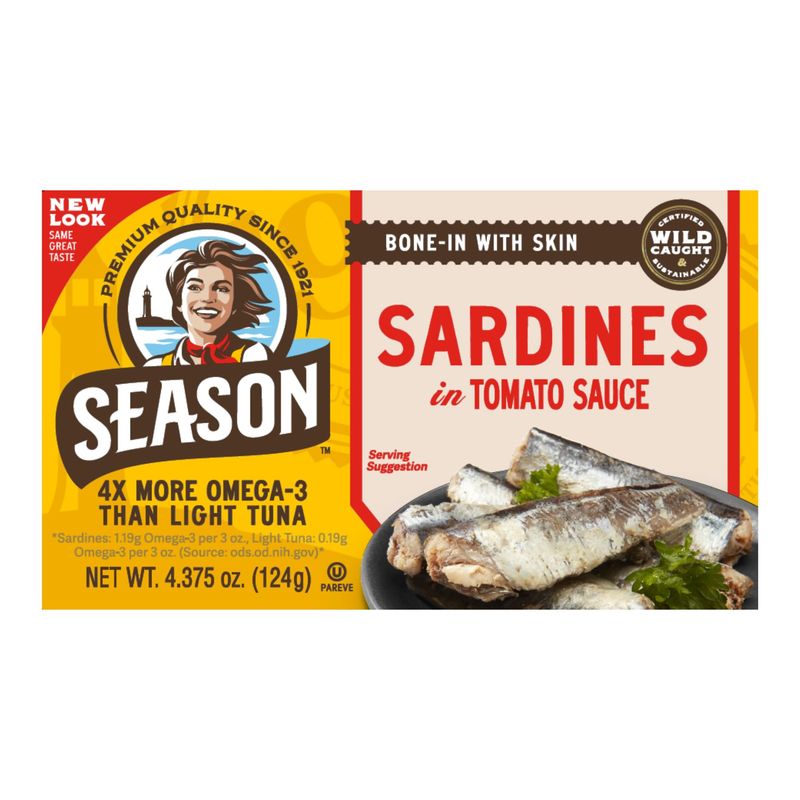 Season Sardines in Tomato Sauce - Wild Caught, 22g of Protein, Keto Snacks, More Omega 3&#39;s Than Tuna, Kosher, High in Calcium, Canned Sardines - 4.37 Oz Tins, 12-Pack