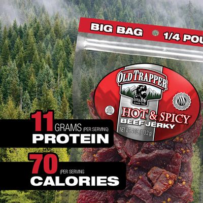 Old Trapper Beef Jerky, Hot & Spicy 14-Pound Individual Package, Savory and Spicy Meat Snacks for Lunches or Between Meals, 11 Grams of Protein and 70 Calories per Serving (Pack of 8)