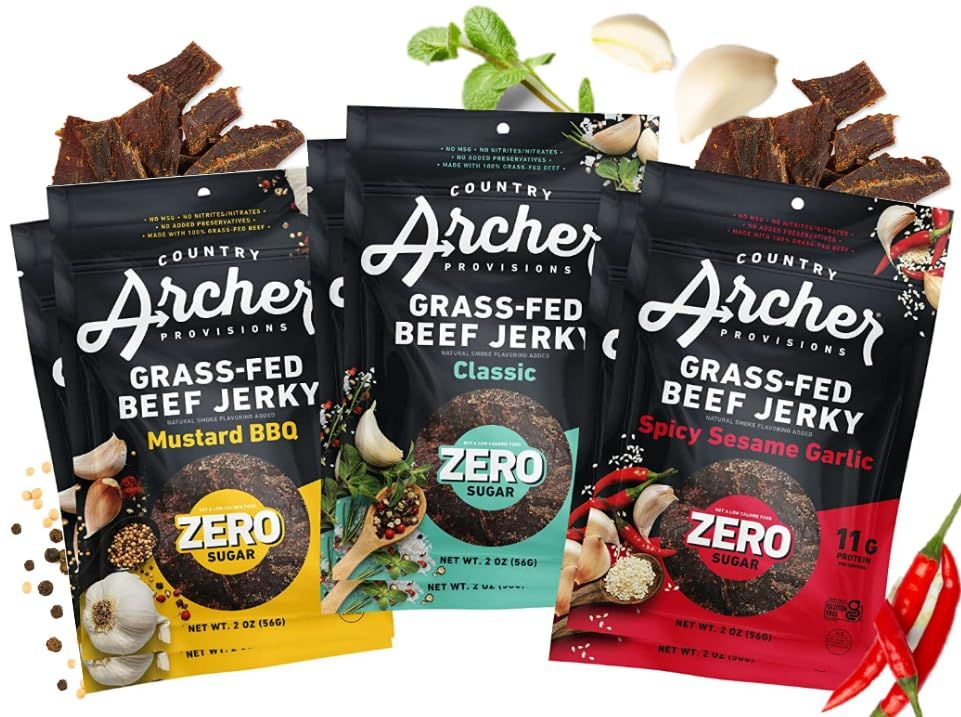 Country Archer Grass-Fed Beef Jerky Variety Pack - Beef Jerky Snack Packs, Beef Jerky Assortment, Jerky Sampler with Classic, Mustard BBQ and Spicy Sesame Garlic - 2 oz (Pack of 6)
