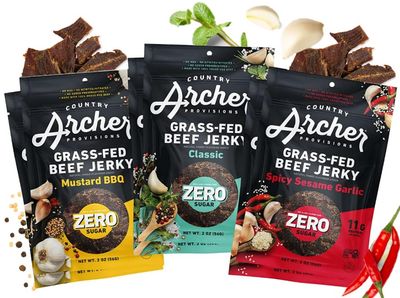 Country Archer Grass-Fed Beef Jerky Variety Pack - Beef Jerky Snack Packs, Beef Jerky Assortment, Jerky Sampler with Classic, Mustard BBQ and Spicy Sesame Garlic - 2 oz (Pack of 6)