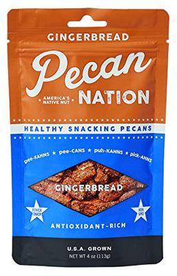 Pecan Nation Gingerbread Flavored Holiday Roasted Pecan Halves 4 oz., Natural, No preservatives, Antioxidant-Rich, Non-GMO, Healthy Nut Power Snack for Adults and Kids