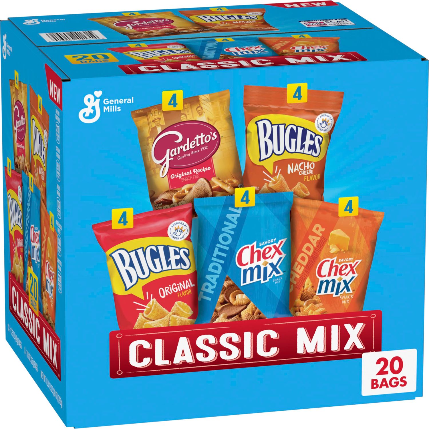 Classic Mix Snack Variety Pack, Bugles Original &amp; Nacho Cheese, Gardettos Original Recipe, Chex Mix Traditional &amp; Cheddar, 28 oz (20 Bags)