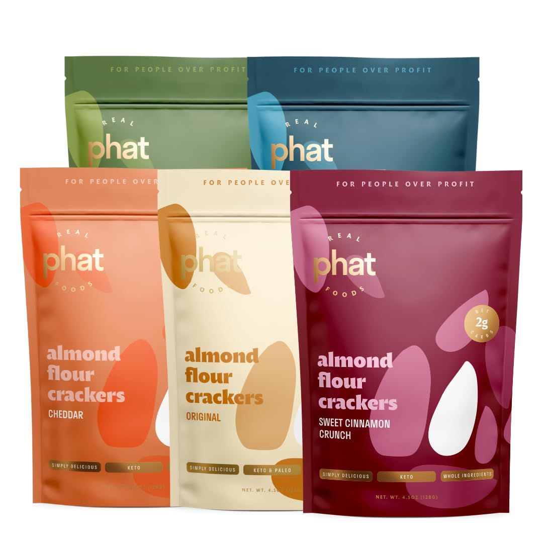 Real Phat Foods Almond Flour Crackers - Low Carb, Gluten-Free, Keto &amp; Paleo Friendly Snack - 4.5 oz (Variety Pack of 5)
