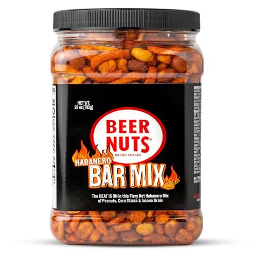 Beer Nuts Habanero Bar Mix, Fiery Hot Habanero Mix Of Peanuts, Corn Sticks &amp; Insane Grain, Spicy Bar Mix for Any Party, Resealable Jar (28oz, Habenero)