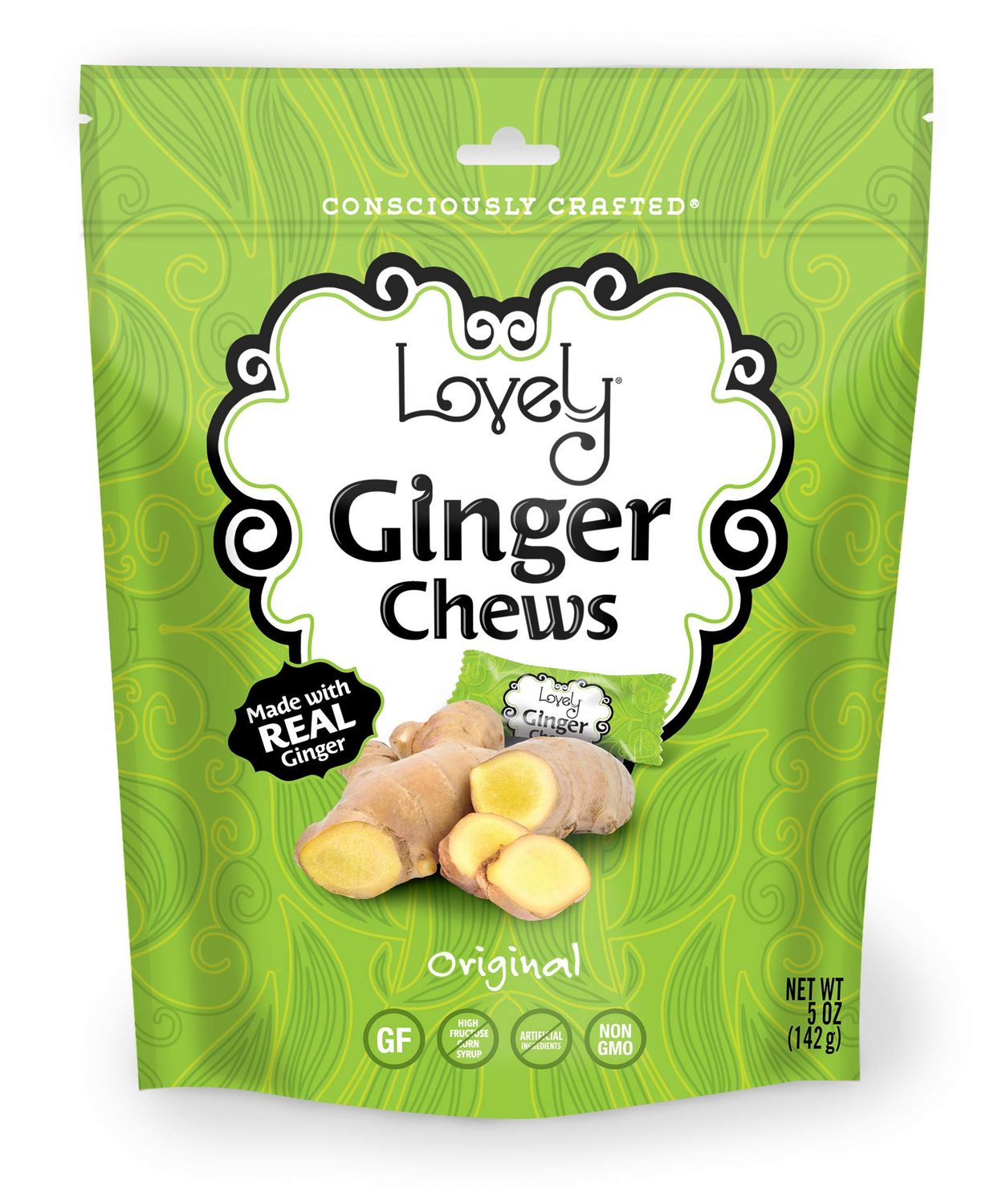 Lovely Candy Co. Original Ginger Chews, Made with Real Ginger, Individually Wrapped, 5oz (1-Pack) | Gluten-Free, Non-GMO, NO Artificial Ingredients, NO High Fructose Corn Syrup | 3 Simple Ingredients