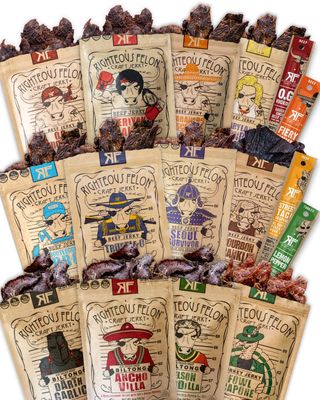 Righteous Felon Beef Jerky &amp; Meat Sticks Variety Pack | Beef Jerky Gifts for Men | High Protein, Keto, Low Sugar | Made with Premium Meats | Gluten Free Beef Jerky Snack Packs | Whole Shebang 16 Pack