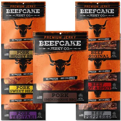 BEEFCAKE Jerky Ultimate Flavor Sampler, 7 Gourmet Varieties Beef Jerky Premium Meat Snacks, 9 Gram of Protein and 80 &amp; 100 Calories 2.7 Oz | Pack of 7