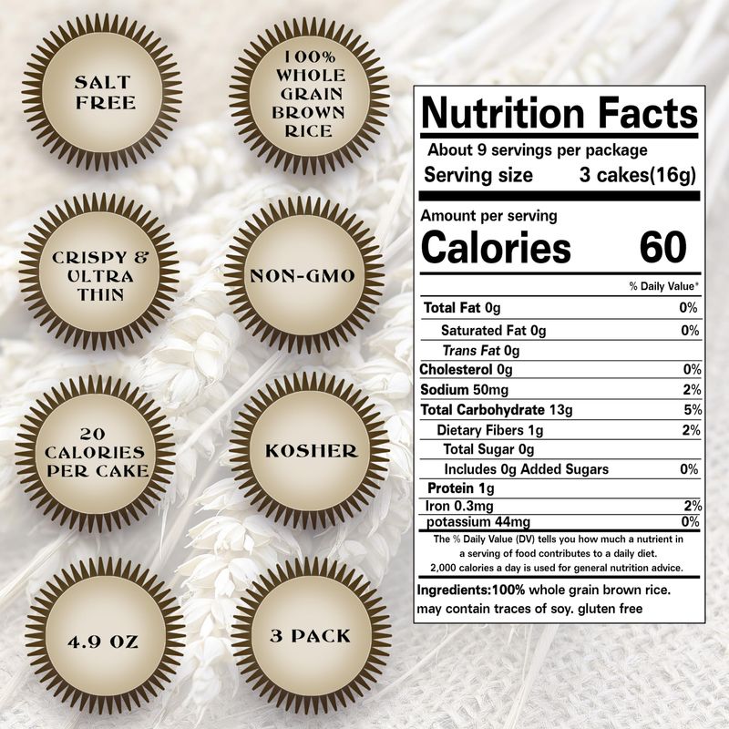 Salt Free Rice Cakes Unsalted - Ultra Thin Rice Cakes - Whole Grain Brown Rice Cakes - Fat Free, Non GMO, Gluten Free Rice Cakes - Low Calorie Snacks - All Natural - 3 Pk