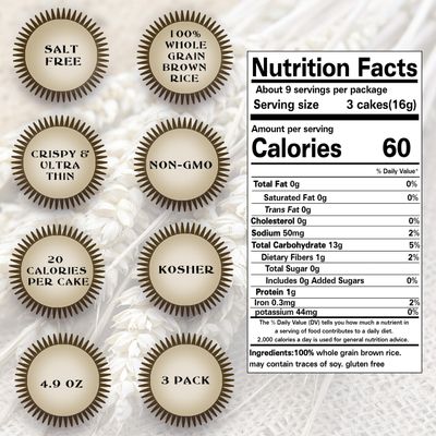 Salt Free Rice Cakes Unsalted - Ultra Thin Rice Cakes - Whole Grain Brown Rice Cakes - Fat Free, Non GMO, Gluten Free Rice Cakes - Low Calorie Snacks - All Natural - 3 Pk