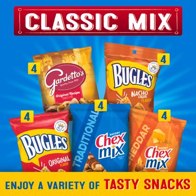 Classic Mix Snack Variety Pack, Bugles Original &amp; Nacho Cheese, Gardettos Original Recipe, Chex Mix Traditional &amp; Cheddar, 28 oz (20 Bags)