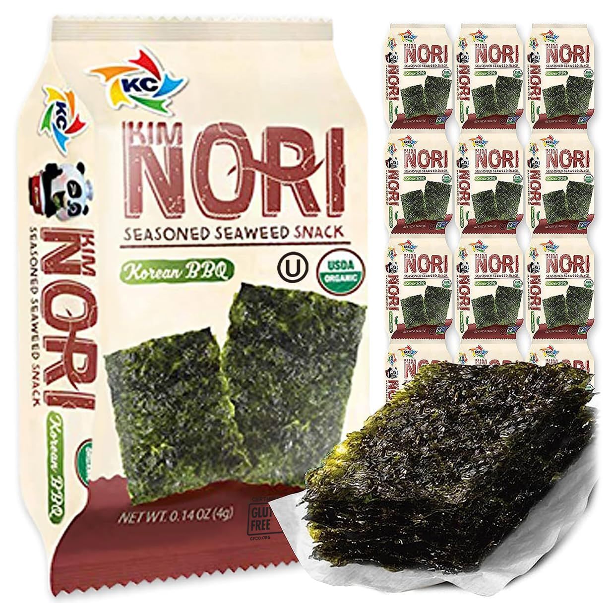 KIMNORI Seasoned Seaweed Snacks Sheets - Organic Korean BBQ Flavor 12 Individual Packs Roasted Crispy Premium 100% Natural Laver Kim Nori 4g 0.14 Ounce ê¹€ ã®ã‚Š æµ·è‹” ç´«èœ