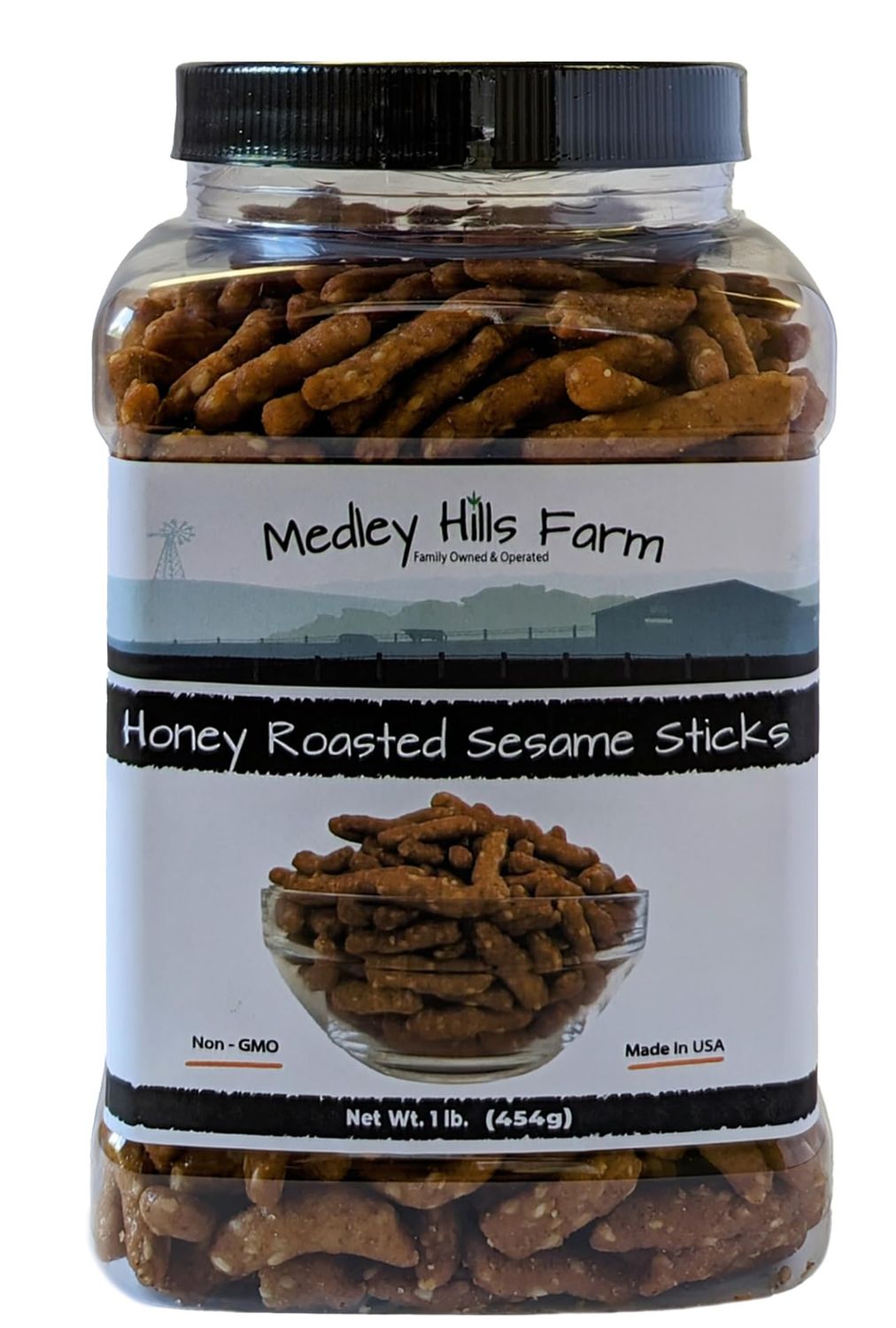 Sesame Sticks Snacks Honey Roasted 1 lb. - By Medley Hills Farm in Reusable Container - Fresh honey roasted sesame sticks - Sweet and Salty Flavored snacks