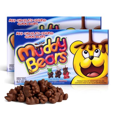 Movie Theater Candy Box - Muddy Bears Chocolate Covered Gummy Bears wGreen Apple, Strawberry, &amp; Pineapple Flavors -Ice Cream Toppings for Movie Nights -Fruit Candy Movie Snacks -2 Boxes, 3.1 ounces