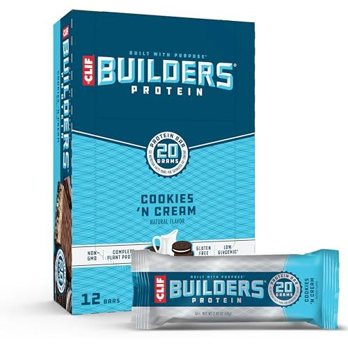 CLIF Builders - Cookies &#39;n Cream Flavor - Plant Based Protein Bars - Gluten Free - Non-GMO - Low Glycemic - 20g Protein - 2.4 oz. (12 Count)