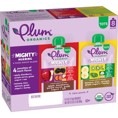 Plum Organics Mighty Morning Organic Toddler Food - Variety Pack - 4 oz Pouch (Pack of 8) - Organic Fruit and Vegetable Toddler Food Pouch