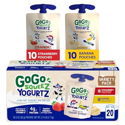 GoGo squeeZ yogurtZ Variety Pack, Strawberry &amp; Banana, 3 oz (Pack of 20), Kids Snacks Made from Real Yogurt and Fruit, No Fridge Needed, Gluten Free, Nut Free, Recloseable Cap, BPA Free Pouches