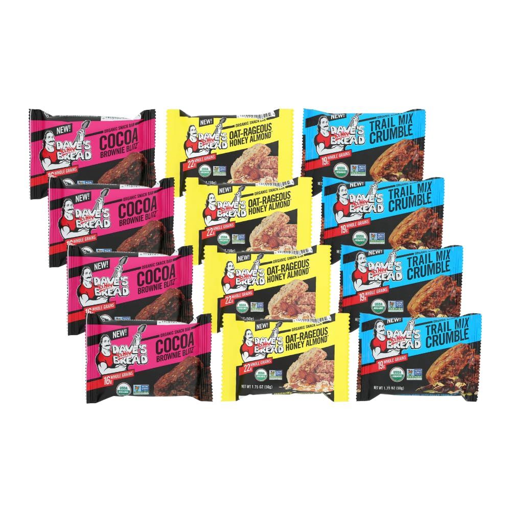 Dave&#39;s Killer Bread Organic Snack Bars Variety Pack 12 CT(4 Cocoa Brownie Blitz, 4 Trail Mix Crumble, 4 Oat-Rageous Honey Almond) Variety Pack