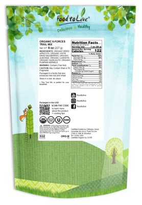 Food to Live Organic 6-Forces Trail Mix, 8 Ounces - Raw, Non-GMO, Mulberries, Cashews, Pumpkin Seeds, Apricots, Hazelnuts, Almonds. Vegan Superfood, Kosher, No Added Sugar, Bulk