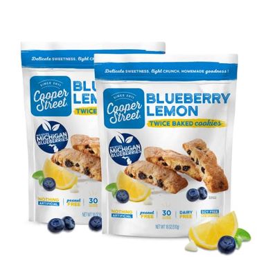 Cooper Street Cookies All Natural Twice Baked Crispy Cookie, Peanut &amp; Dairy Free, Biscotti Style 18oz, Blueberry Lemon (Pack of 2)