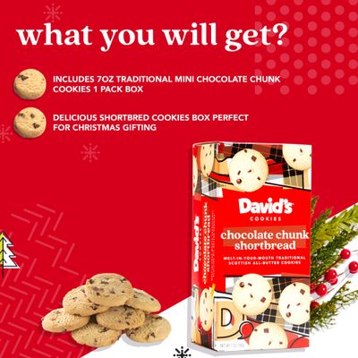 David's Cookies Mini Shortbread Chocolate Chunk Cookies 1 Pack - Traditional Scottish Style Butter Cookies, OU Kosher Certified, Decadent Gourmet Shortbread Cookie Snack Box for Tea, Coffee, & Gifting