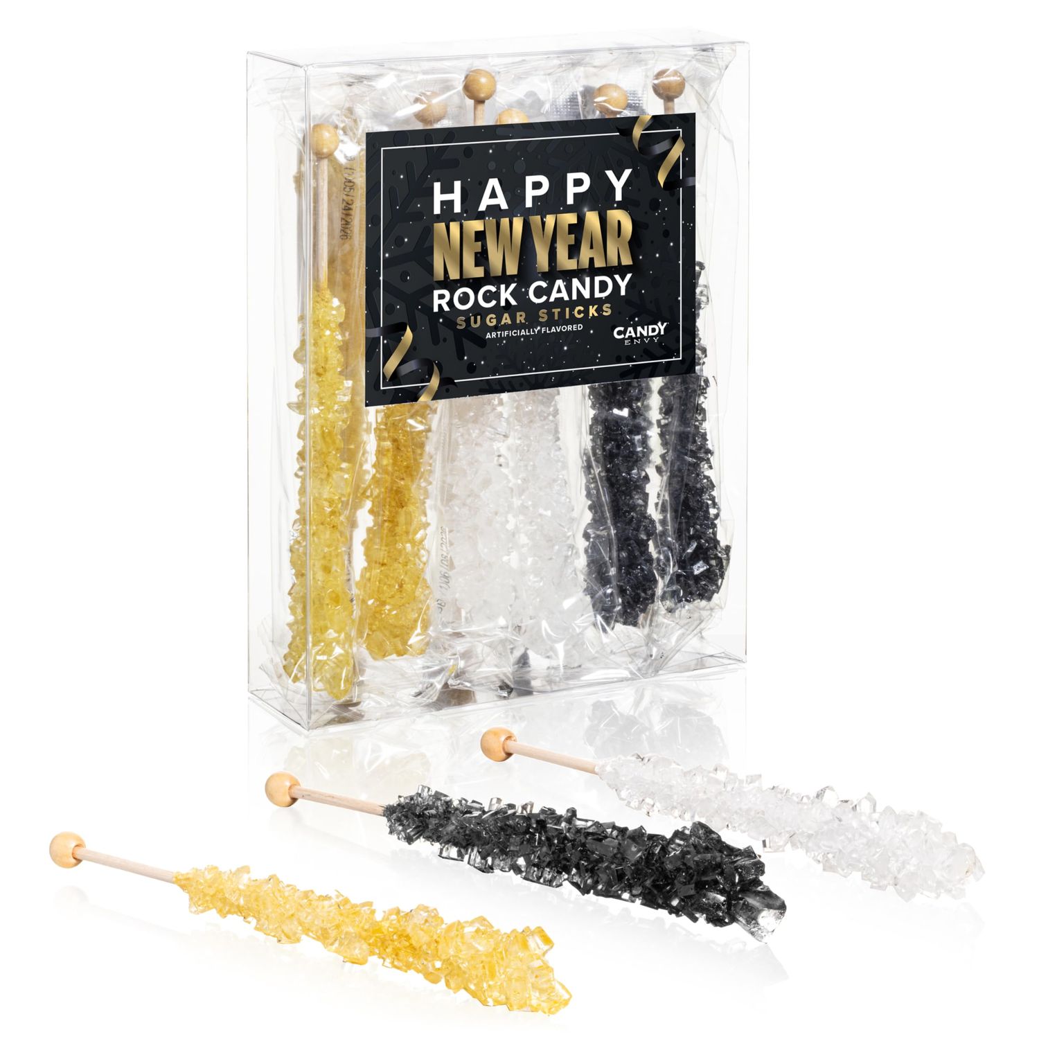 Candy Envy - Happy New Year Rock Candy Sugar Sticks - 10 Indiv. Wrapped - Gold, Black, White