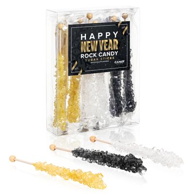 Candy Envy - Happy New Year Rock Candy Sugar Sticks - 10 Indiv. Wrapped - Gold, Black, White