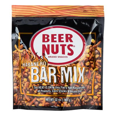 BEER NUTS Habanero Hot Bar Mix - Party Size Fiery Snack Food - Salty Spicy Roasted Peanuts, Cajun Sesame Sticks, Hot Flaming Roasted Corn, Nacho Corn Stix &amp; Honey Mustard Spuggets -32oz Resealable Bag