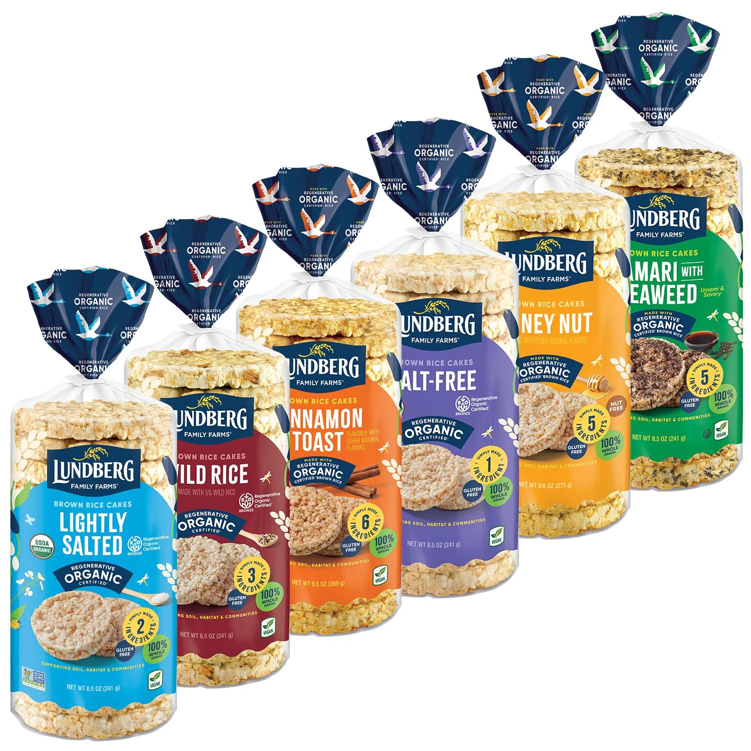 Lundberg Organic Brown Rice Cakes Variety 6-Pack - Regenerative Organic Certified Salt-Free, Lightly Salted, Wild Rice, Tamari with Seaweed, Cinnamon Toast, Honey Nut, Healthy Snacks, 8.5 Oz Ea