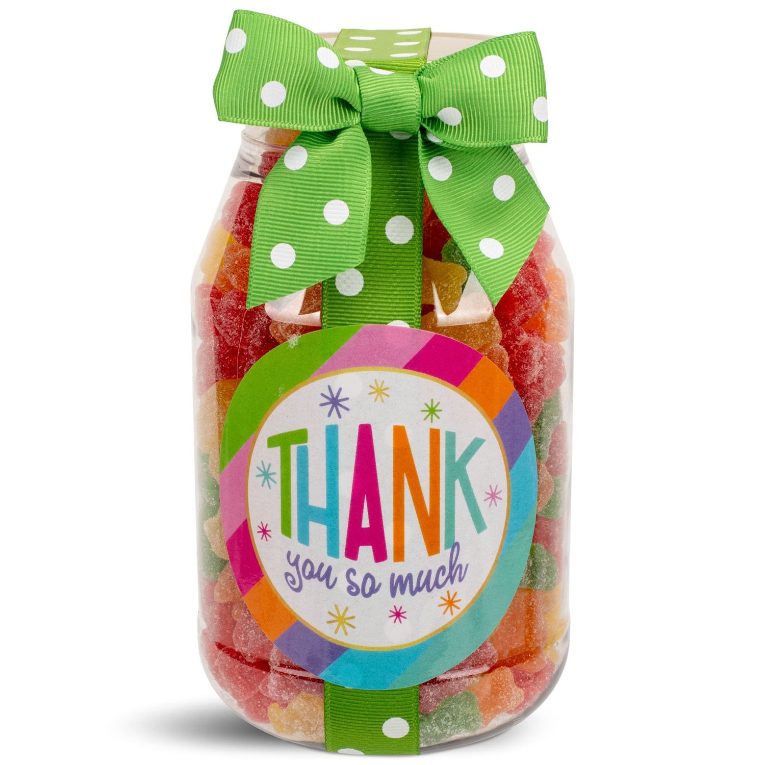 100 North Oh Sugar Sweets Thank You So Much - Diagonal Multicolor Stripe 10 Ounce Plastic Quart Jar Sour Sugar Sanded Gummy Bears