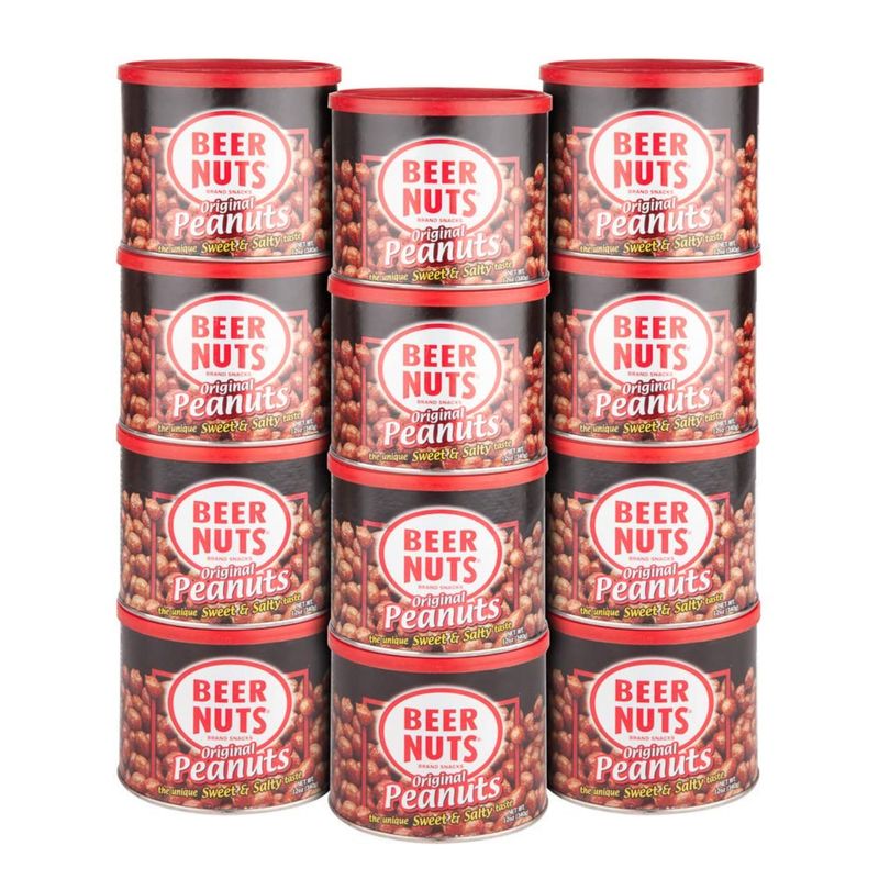 BEER NUTS Original Peanuts - Travel Size Sweet &amp; Salty Bar Nuts - Gluten Free, Kosher, Low Sodium Peanut Snacks Made In The USA - 12oz Resealable Can (Pack of 12)