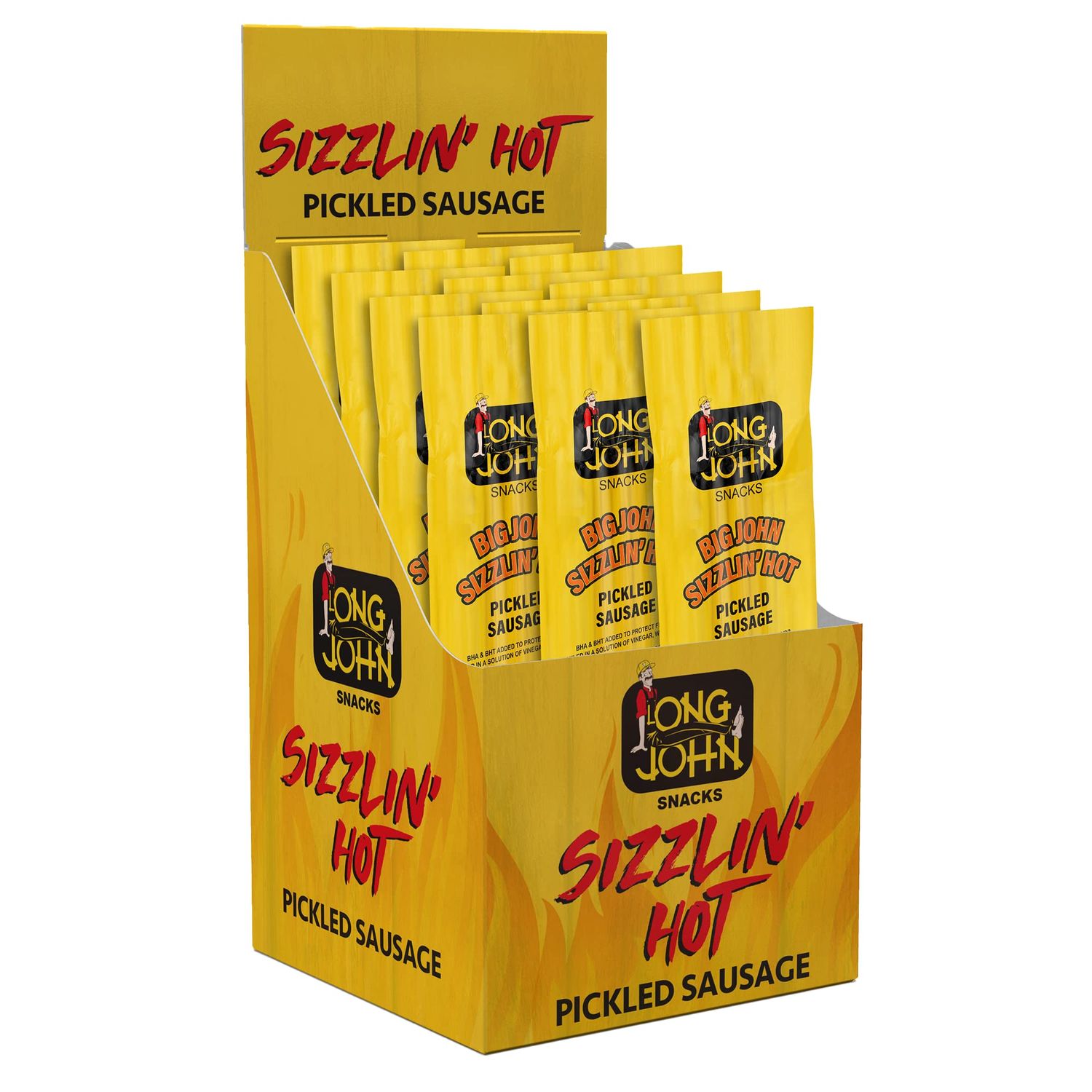 Long John Snacks Sizzlin&#39; Hot Pickled Sausage - Pork &amp; Beef Smoked Links Seasoned with Spices - Gluten-Free, Bold Flavor &amp; Delightful Heat - Individually Wrapped for Mess-Free Snacking -12pack