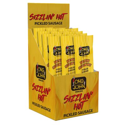 Long John Snacks Sizzlin&#39; Hot Pickled Sausage - Pork &amp; Beef Smoked Links Seasoned with Spices - Gluten-Free, Bold Flavor &amp; Delightful Heat - Individually Wrapped for Mess-Free Snacking -12pack