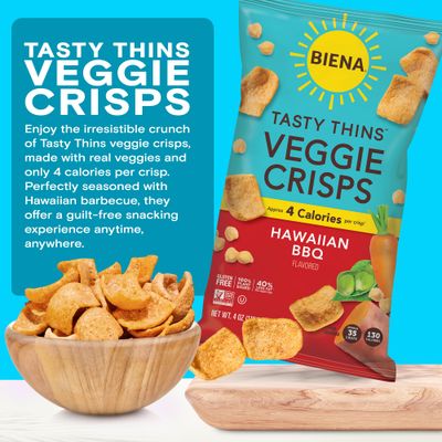 BIENA Tasty Thins Veggie Crisps - Low Calorie Veggie Chips for Adults and Kids - Individual Pack, 4 Ounce Bags - Hawaiian BBQ