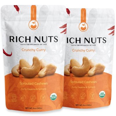 Rich Nuts Crunchy Curry Gourmet Sprouted Cashews | Vegan, Paleo, Keto | Curry Powder, Cayenne Pepper, Turmeric and Sea Salt | Non-Roasted, Dehyrdated, Germinated, Raw and Whole | 5 Oz Bag (2 Pack)