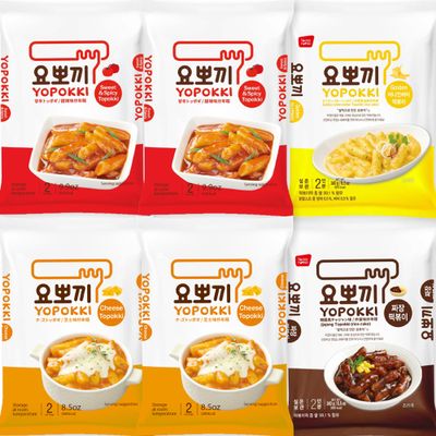 Yopokki Instant Tteokbokki Pack Set (6 Packs - 2 Sweet Mild Spicy, 2 Cheese, 1 Onion Butter, 1 Jjajang) Korean Street Food with Various Flavored Sauces - Quick &amp; Easy to Prepare