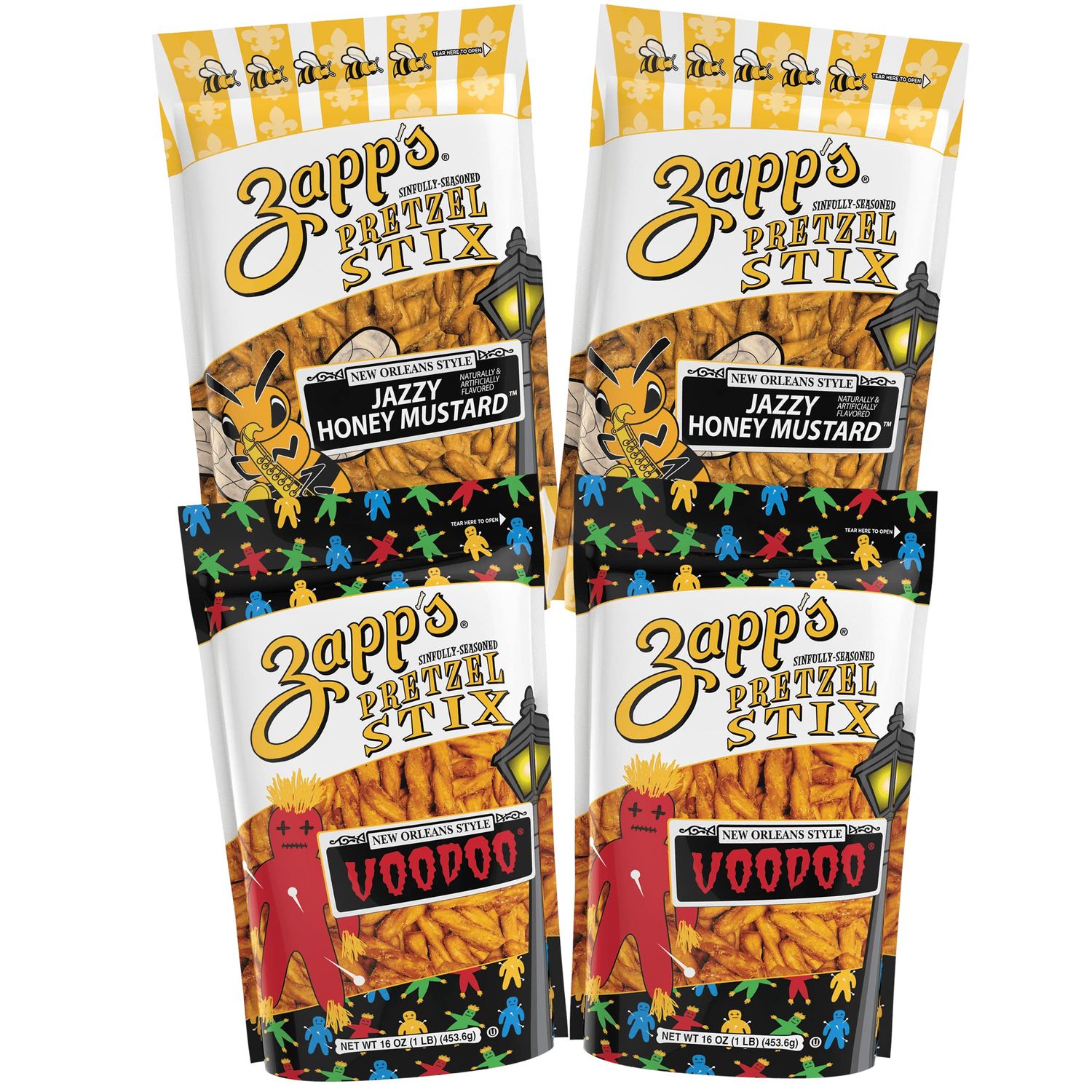 Zapp&#39;s Seasoned Pretzel Stix, 16oz. Pouch Variety Pack (Pack of 4), Voodoo &amp; Jazzy Honey Mustard Flavors