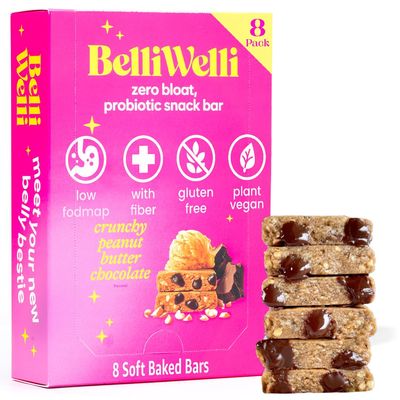 Belliwelli Soft Baked Probiotic Snack Bars | Gluten-Free, Dairy-Free, Vegan, Low-FODMAP | High-Fiber, Healthy &amp; Tasty | Crunchy Peanut Butter (8 Pack)