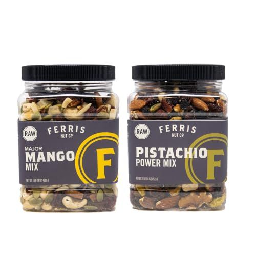 Ferris Coffee &amp; Nut Co. Assorted Trail Mix - Raw Major Mango and Pistachio Power - Gourmet Trail Mix with Dried Fruits, No Added Salt - Healthy Snacks for Kids and Adults - 16 oz. Jar (Pack of 2)