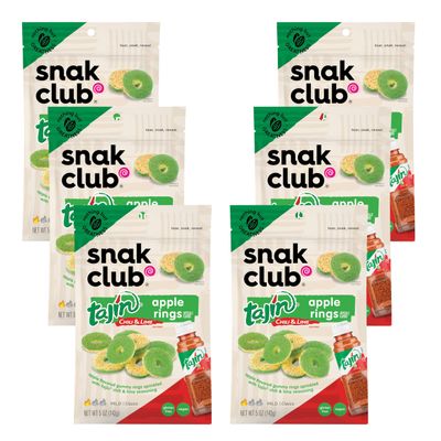 Snak Club Tajin Apple Rings Gummy Candy, Fruit Candy Gummies with Chili and Lime Seasoning, Mild, Gluten-Free and Vegan Snacks, 5 oz Resealable Bags, 6 Pack