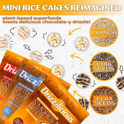 Drizzilicious Mini Rice Cakes Variety Pack - Rice Crisps, Healthy Snack for Adults and Kids, Flavored Rice Cakes, Vegan, Gluten Free, Allergen Free, Only 90 Calories Per Bag - .74 oz (Pack of 32)