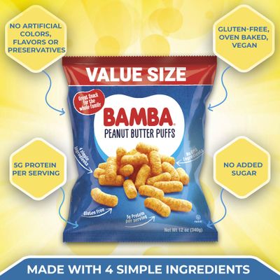 Osem GRATIFY Peanut Butter Puffs - Oven-Baked Snack - 24 Ounce Total (2 x 12 Ounce Bags) with Bamba Bag Clip - Perfect Family Snack, Only 4 Simple Ingredients, Non-GMO, Gluten-Free, All-Natural