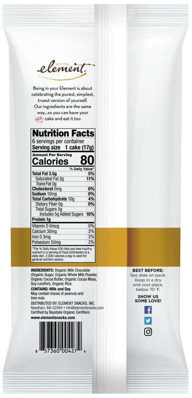 ELEMENT, Rice Cake, Og2, Milk Choc, Pack of 6, Size 3.5 OZ, (Low Carb Gluten Free Kosher Low Sodium Vegan Wheat Free Yeast Free 95% Organic)
