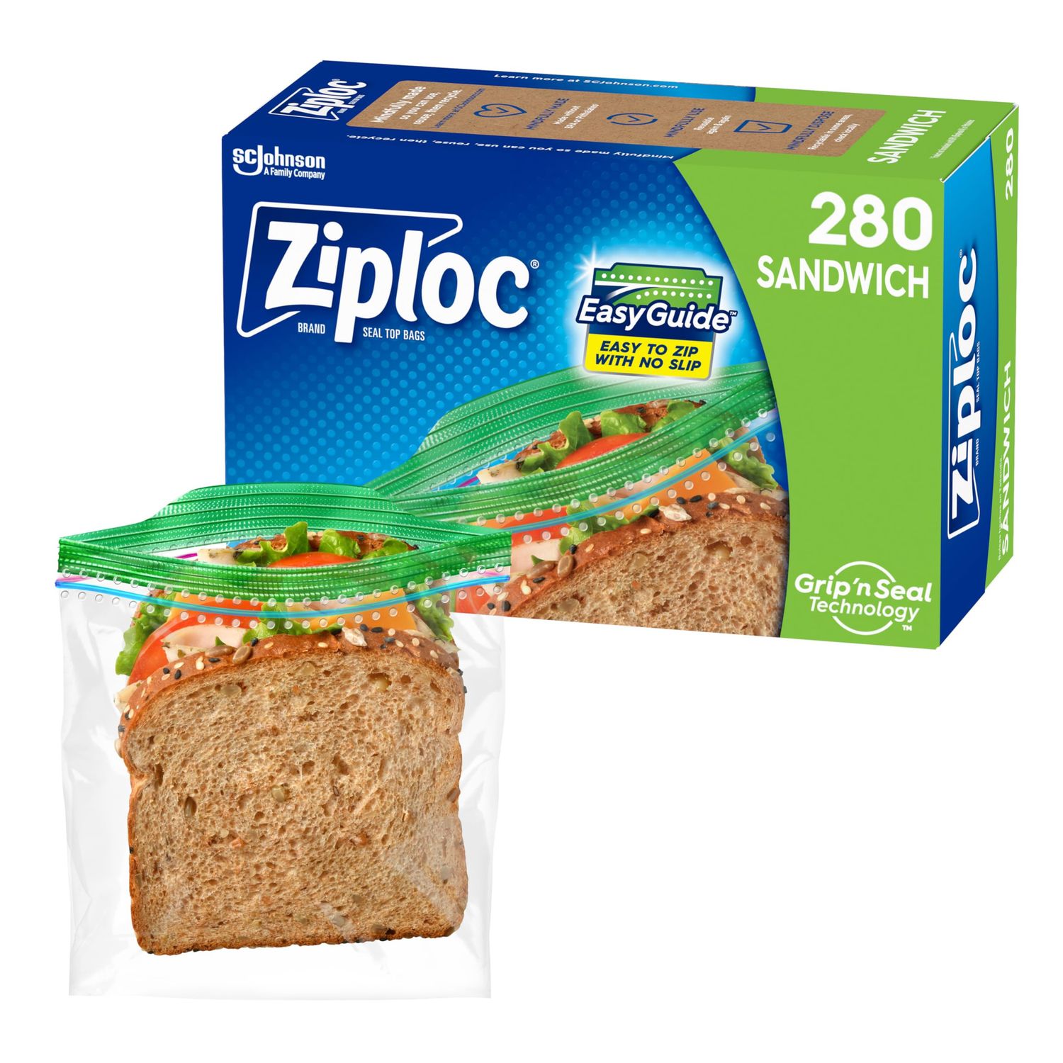 Ziploc Sandwich and Snack Bags with EasyGuide Texture, Plastic Storage Bags with Grip &#39;n Seal Technology, 280 Bags Total