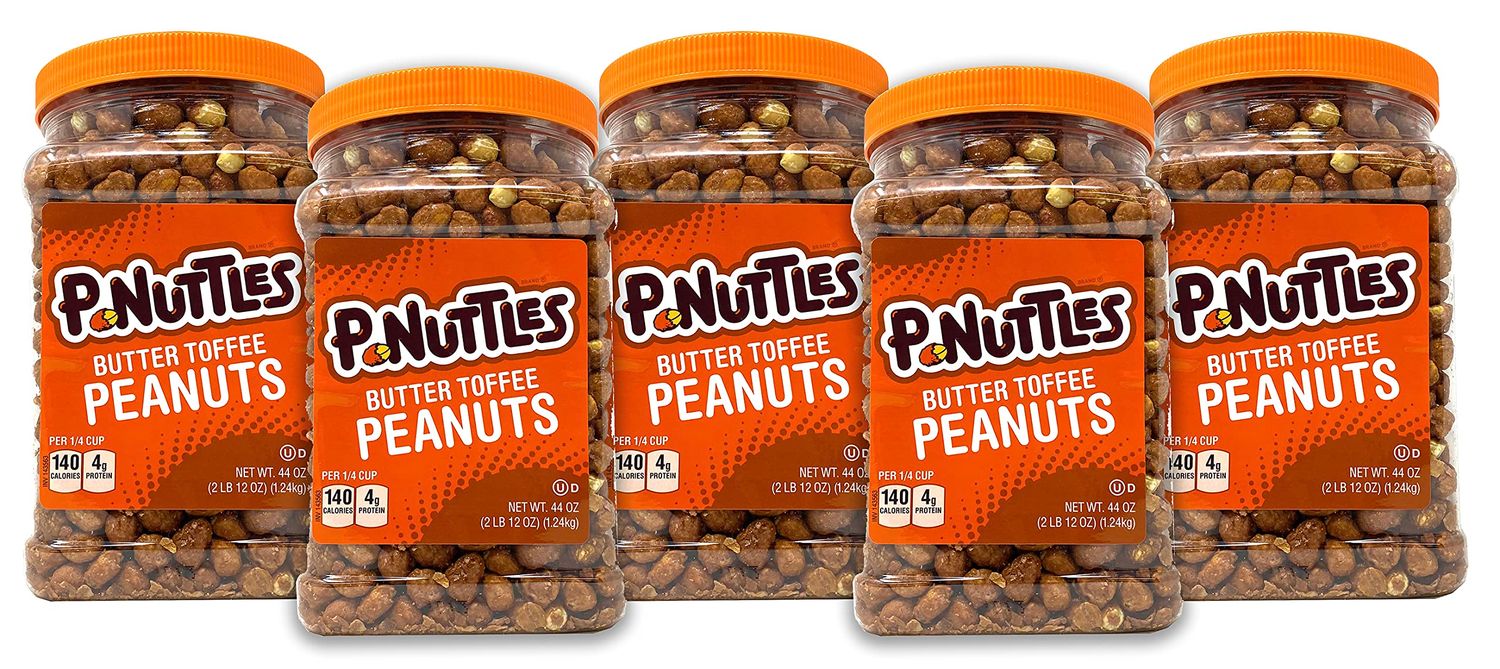 P-Nuttles Butter Toffee Covered Peanuts, Toffee Peanuts, 44 Ounce Jar Made in the USA, Kosher, Peanuts Sweet, Party Snack, Nuts Gift, Peanuts Bulk, Sweet Salty Snack - Pack of 5