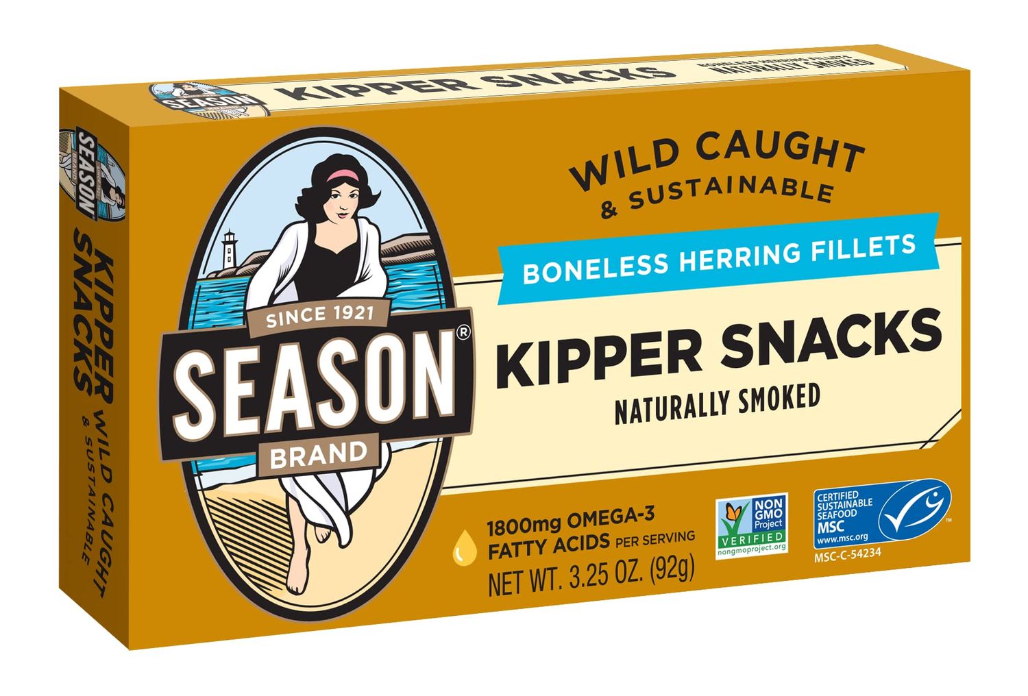 Season Kipper Snacks - Boneless Herring Fillets, Naturally Smoked Fish, Wild Caught, Keto Snacks, Non-GMO, Certified Sustainable Seafood, Non-GMO, 18g of Protein, 1800mg of Omega-3-3.25 Oz, 12-Pack