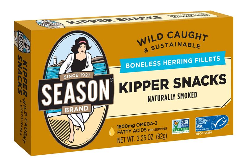 Season Kipper Snacks - Boneless Herring Fillets, Naturally Smoked Fish, Wild Caught, Keto Snacks, Non-GMO, Certified Sustainable Seafood, Non-GMO, 18g of Protein, 1800mg of Omega-3-3.25 Oz, 12-Pack